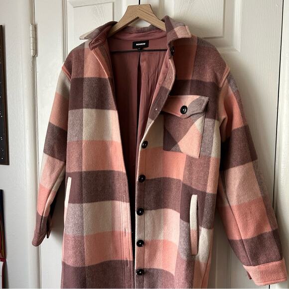 Monrow Pink Plaid Long Shirt Jacket size XS - Picture 3 of 6